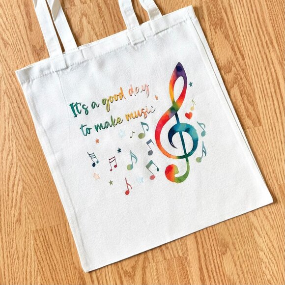 Rainbow Treble Clef Music Tote Bag Its a Good Day to Make Music Canvas - Picture 6 of 6